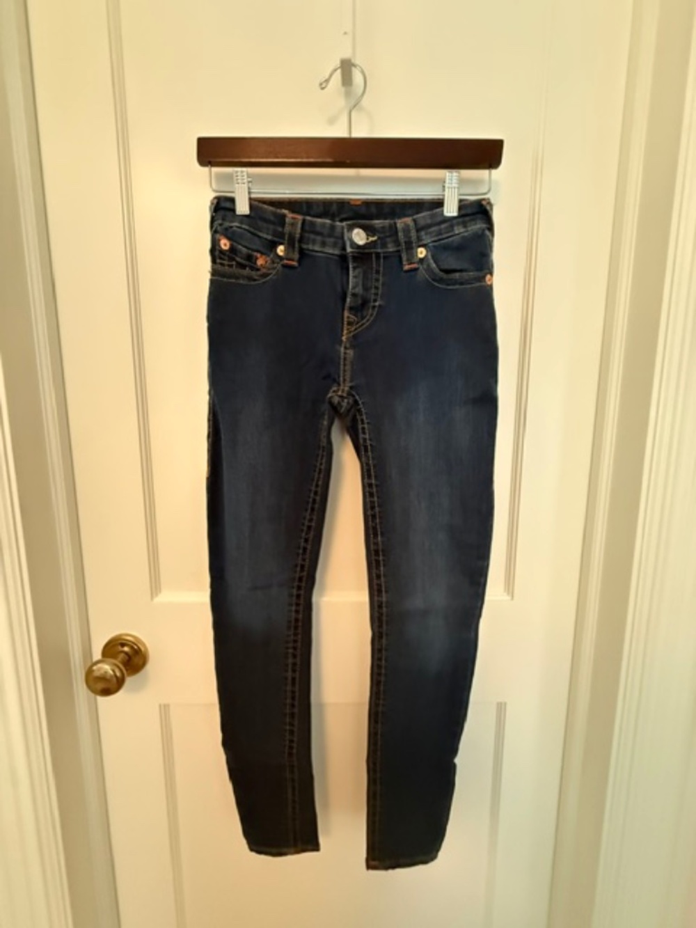 TRUE RELIGION Halle Mid Rise Super Skinny Jeans Dark Wash 26 EUC